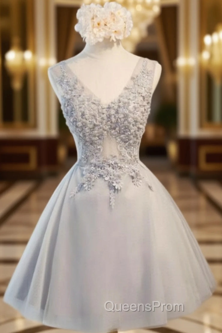 Gray Tulle Appliques V-neck Homecoming Dress Main image