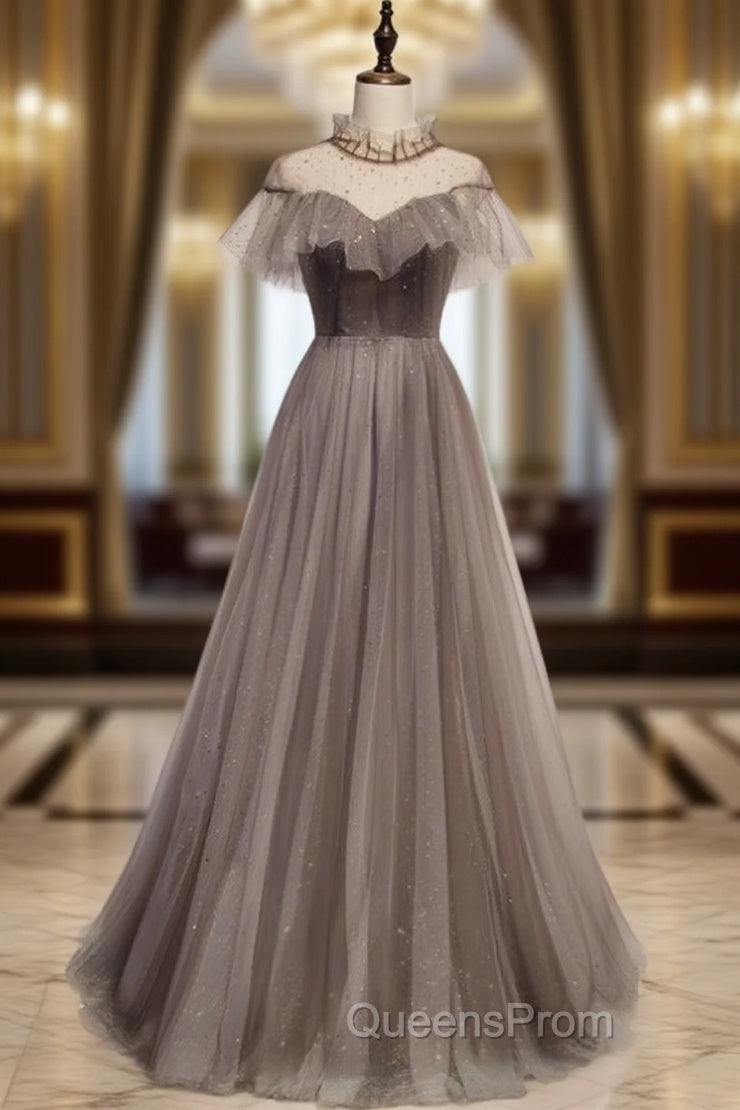 Gray Tulle Backless Cap Sleeve Sequins Evening Prom Dress Main image