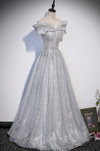 Gray Tulle Beaded Long A-Line Evening Prom Dress, Cute Evening Party Dress