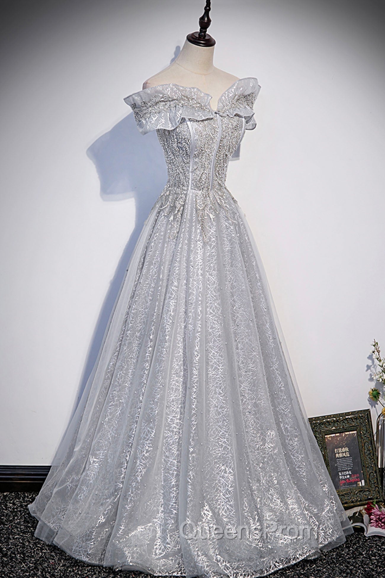 Gray Tulle Beaded Long A-Line Evening Prom Dress, Cute Evening Party Dress