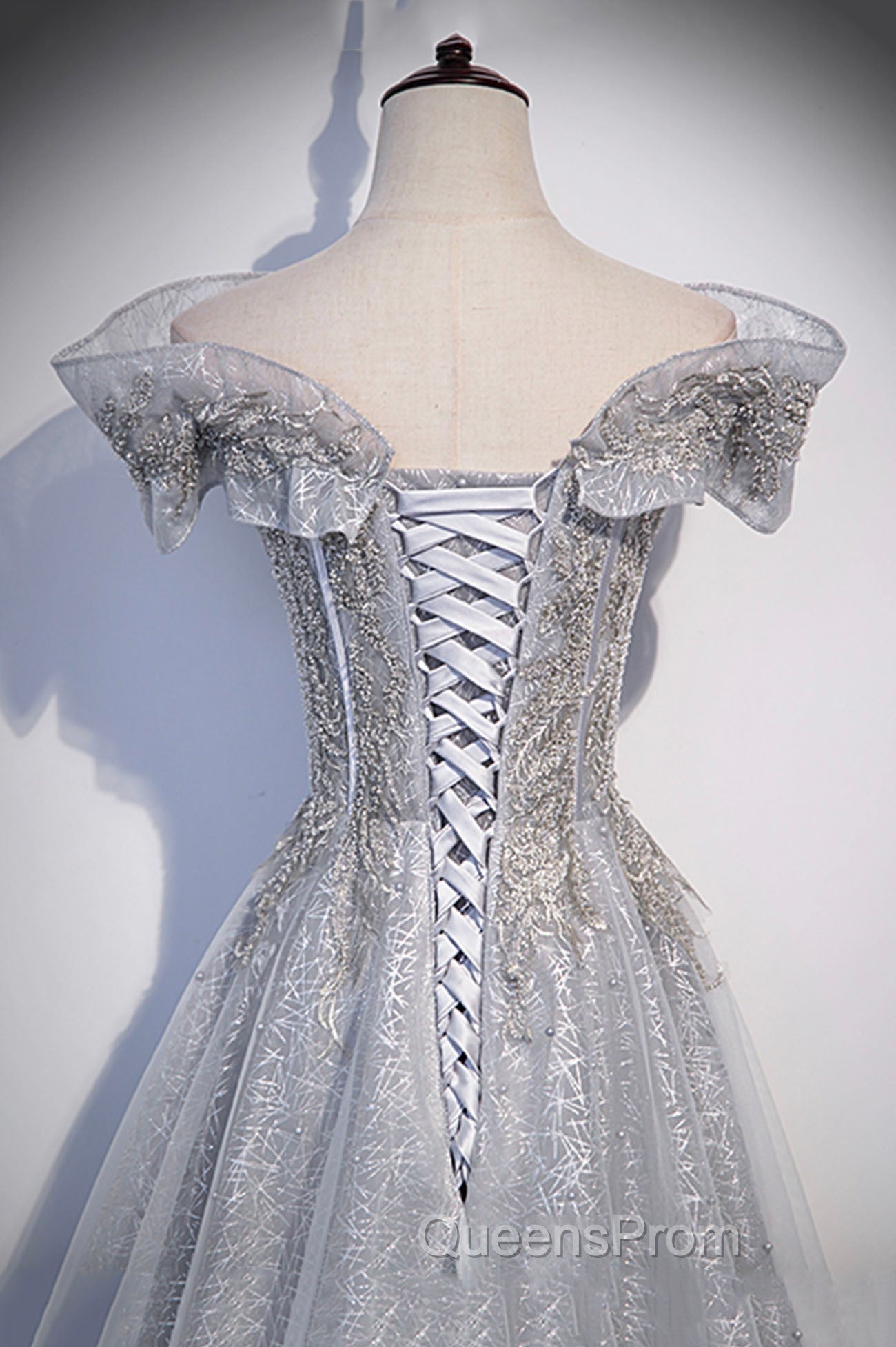 Gray Tulle Beaded Long A-Line Evening Prom Dress, Cute Evening Party Dress