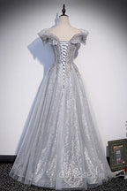 Gray Tulle Beaded Long A-Line Evening Prom Dress, Cute Evening Party Dress