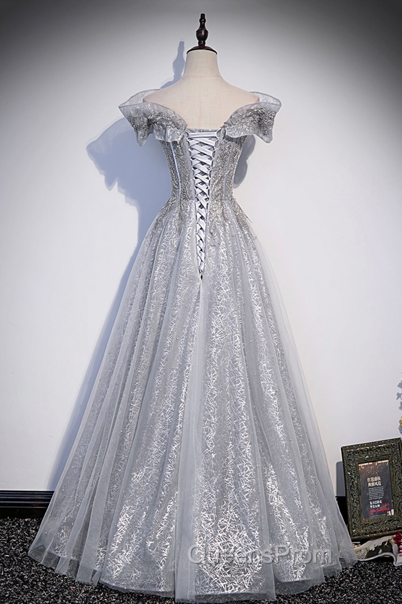 Gray Tulle Beaded Long A-Line Evening Prom Dress, Cute Evening Party Dress