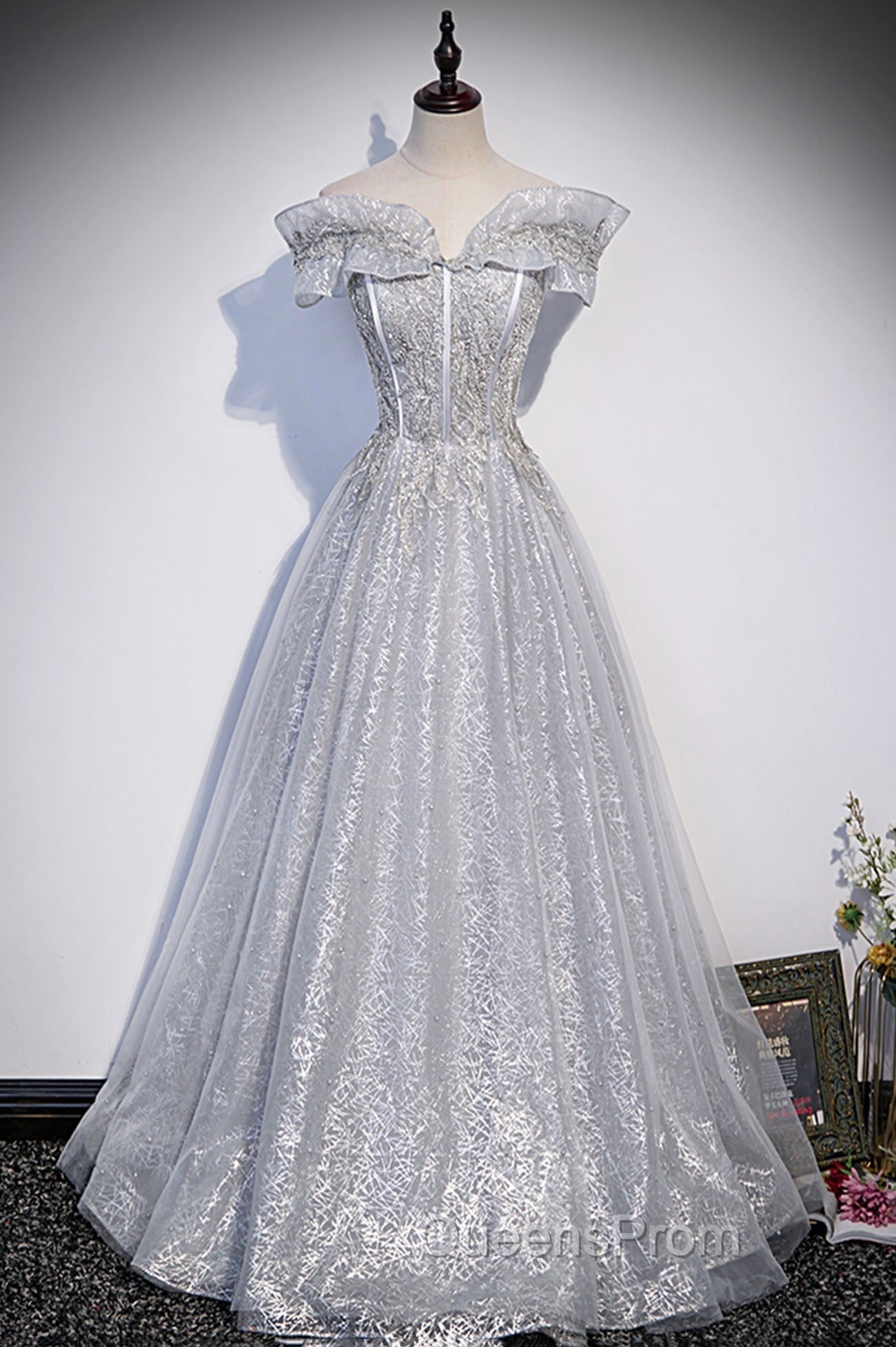Gray Tulle Beaded Long A-Line Evening Prom Dress, Cute Evening Party Dress