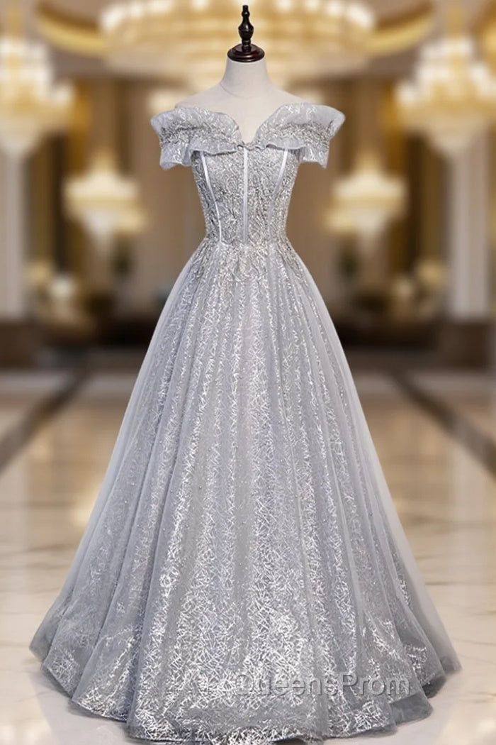 Gray Tulle Beaded Long A-Line Evening Prom Dress, Cute Evening Party Dress