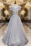 Gray Tulle Beaded Long A-Line Evening Prom Dress, Cute Evening Party Dress