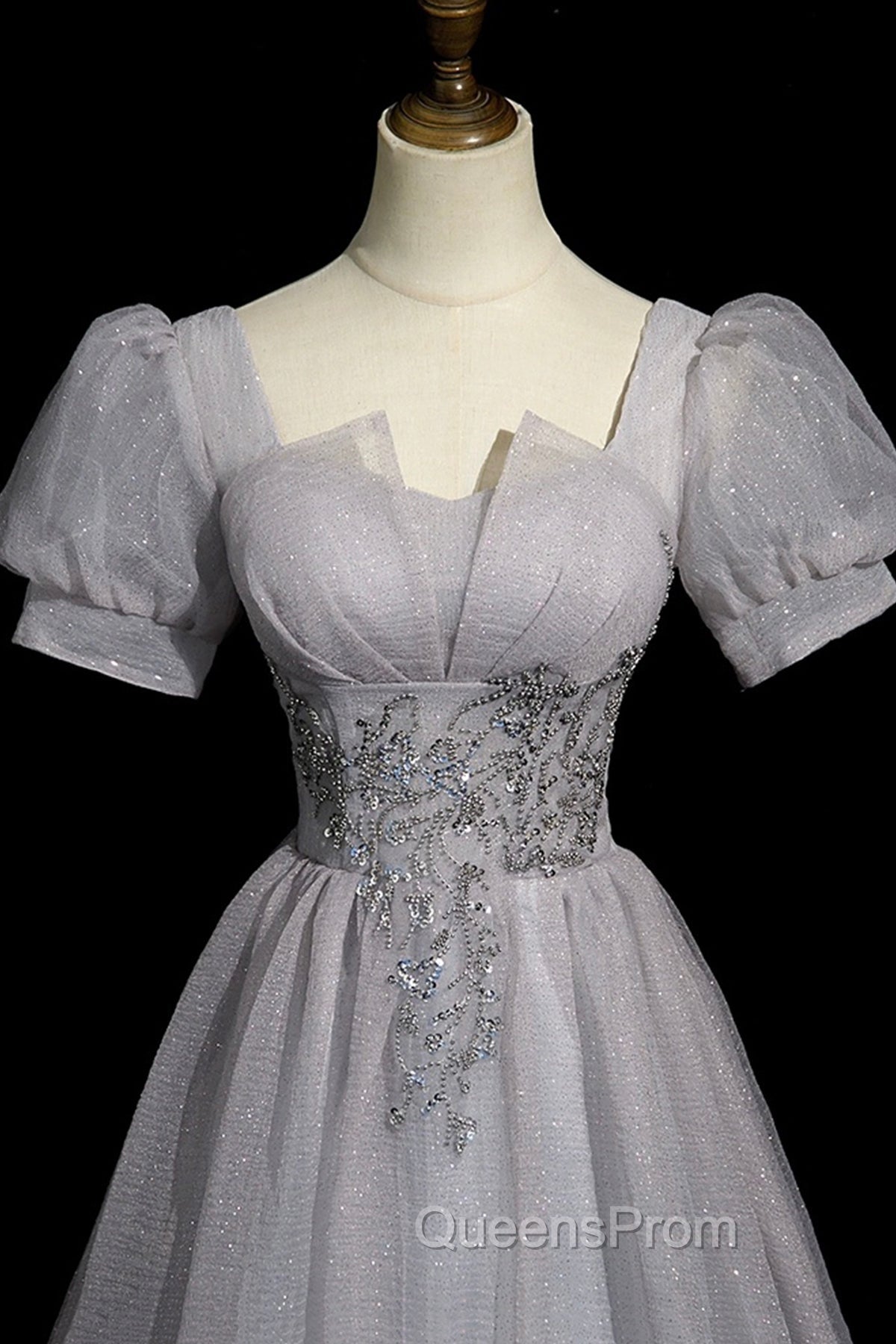 Gray Tulle Beaded Long Evening Prom Dress, A-Line Short Sleeve Evening Party Dress Secondary image