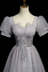 Gray Tulle Beaded Long Evening Prom Dress, A-Line Short Sleeve Evening Party Dress
