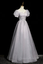 Gray Tulle Beaded Long Evening Prom Dress, A-Line Short Sleeve Evening Party Dress
