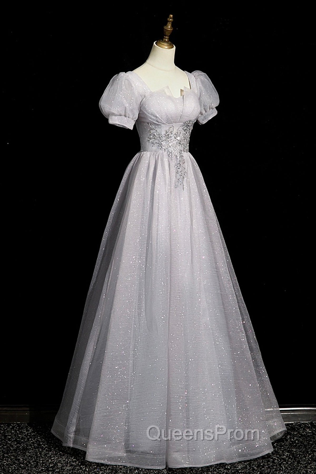 Gray Tulle Beaded Long Evening Prom Dress, A-Line Short Sleeve Evening Party Dress