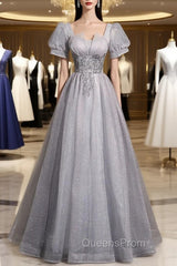 Gray Tulle Beaded Long Evening Prom Dress, A-Line Short Sleeve Evening Party Dress