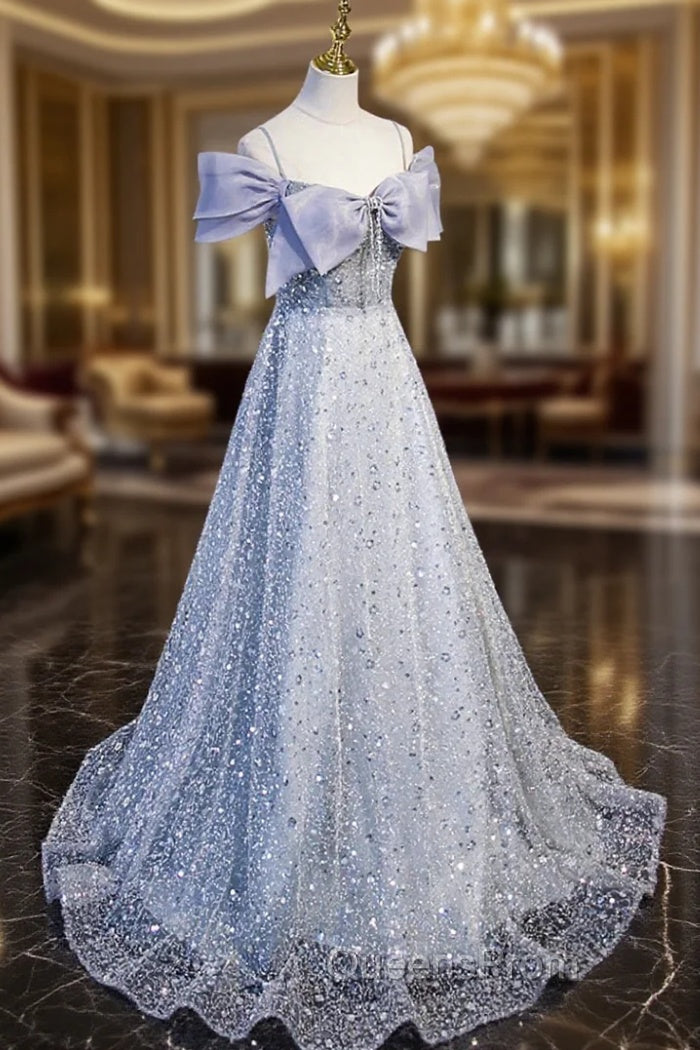 Gray Tulle Beaded Long Evening Prom Dress, Off the Shoulder Evening Dress with Bow Main image