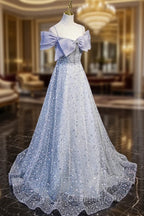 Gray Tulle Beaded Long Evening Prom Dress, Off the Shoulder Evening Dress with Bow
