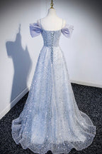 Gray Tulle Beaded Long Evening Prom Dress, Off the Shoulder Evening Dress with Bow