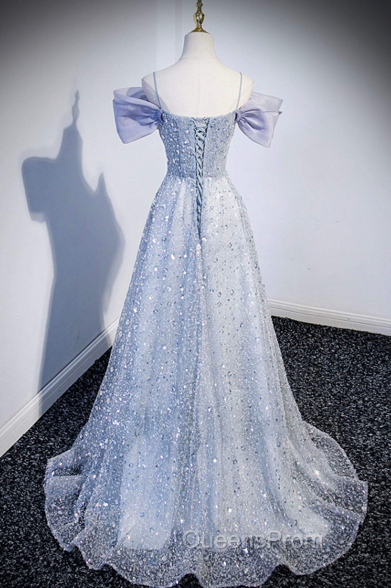 Gray Tulle Beaded Long Evening Prom Dress, Off the Shoulder Evening Dress with Bow