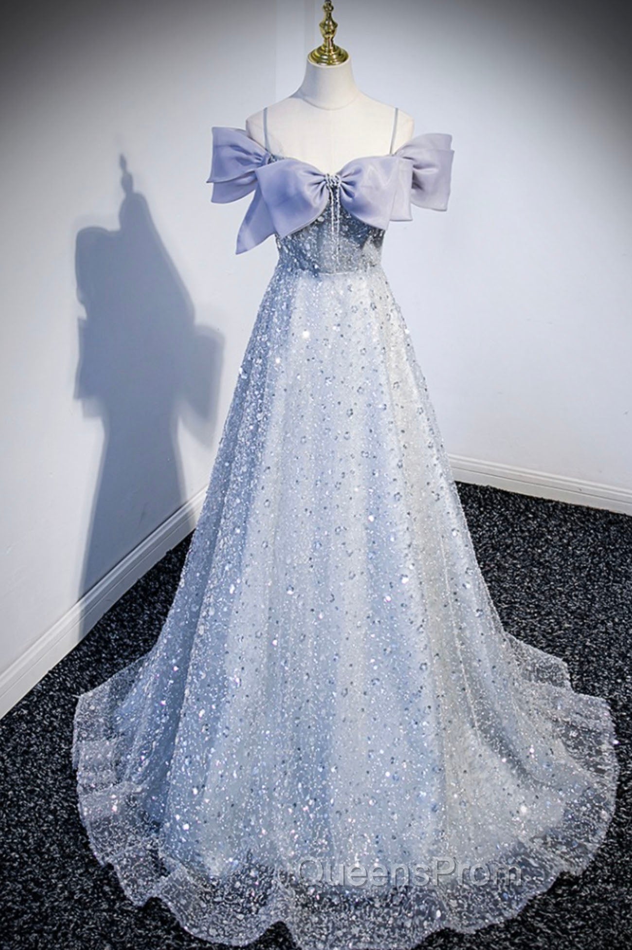Gray Tulle Beaded Long Evening Prom Dress, Off the Shoulder Evening Dress with Bow Secondary image