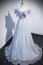 Gray Tulle Beaded Long Evening Prom Dress, Off the Shoulder Evening Dress with Bow