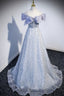 Gray Tulle Beaded Long Evening Prom Dress, Off the Shoulder Evening Dress with Bow
