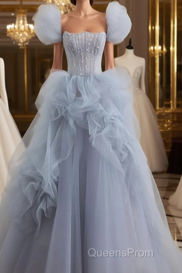 Gray tulle beads long Evening Prom Dress, gray tulle formal Dress Main image