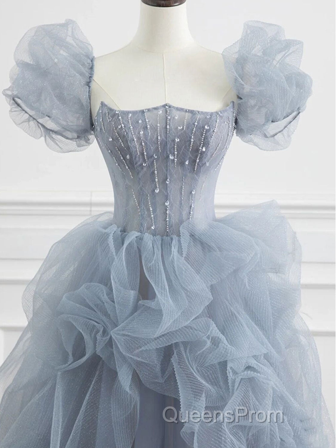 Gray tulle beads long Evening Prom Dress, gray tulle formal Dress Secondary image