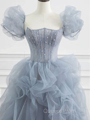 Gray tulle beads long Evening Prom Dress, gray tulle formal Dress