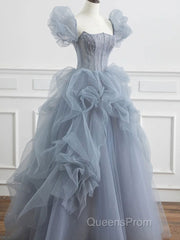 Gray tulle beads long Evening Prom Dress, gray tulle formal Dress