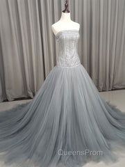 Gray Tulle Beads Long Evening Prom Dress Gray Tulle Evening Graduation Dress