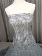 Gray Tulle Beads Long Evening Prom Dress Gray Tulle Evening Graduation Dress