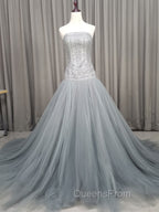 Gray Tulle Beads Long Evening Prom Dress Gray Tulle Evening Graduation Dress