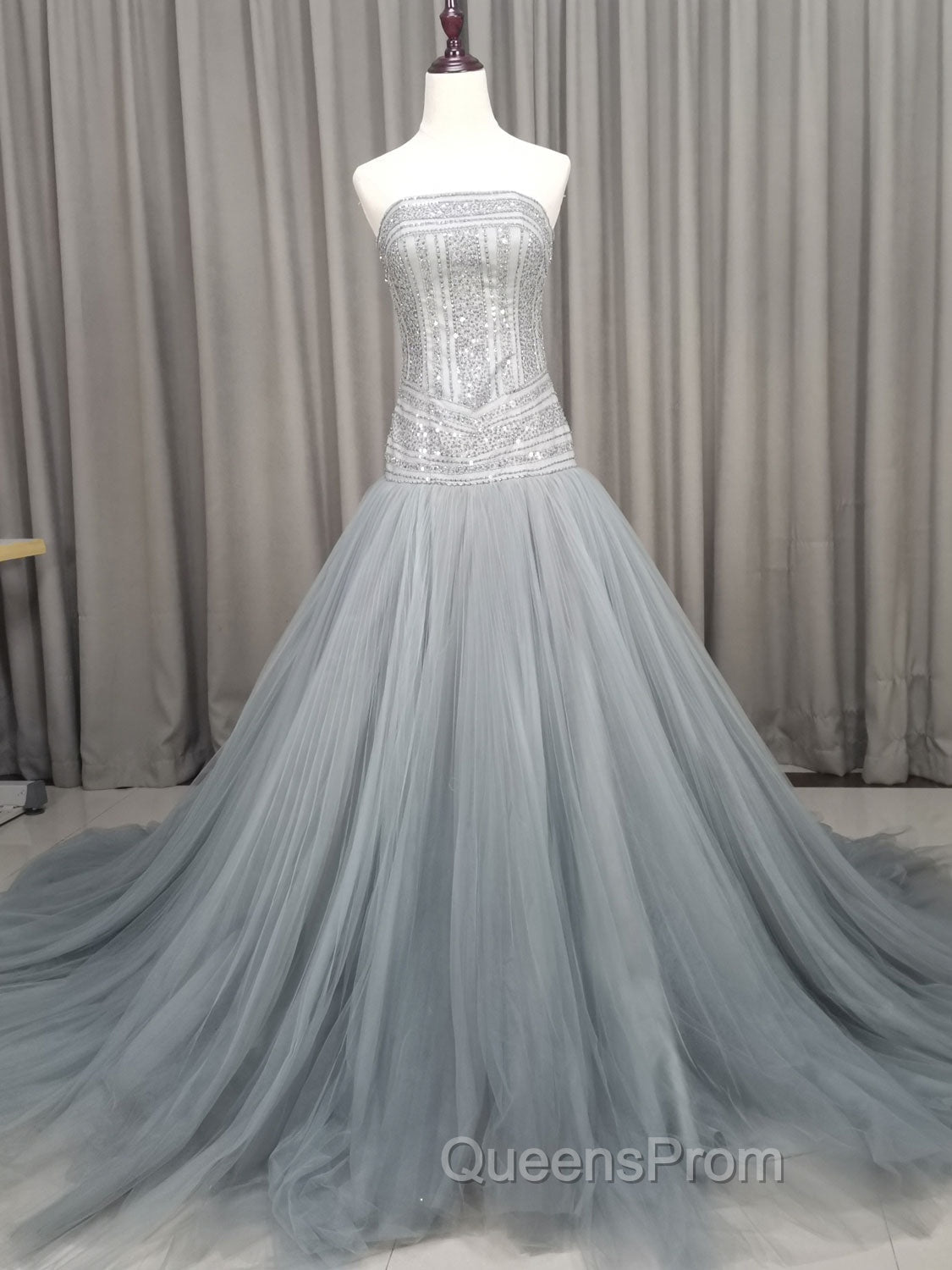 Gray Tulle Beads Long Evening Prom Dress Gray Tulle Evening Graduation Dress