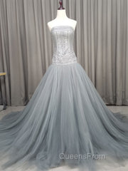 Gray Tulle Beads Long Evening Prom Dress Gray Tulle Evening Graduation Dress