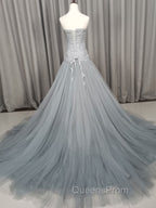 Gray Tulle Beads Long Evening Prom Dress Gray Tulle Evening Graduation Dress