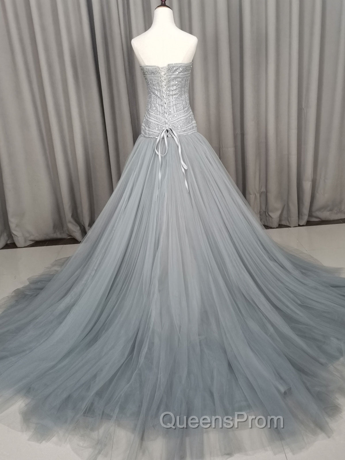Gray Tulle Beads Long Evening Prom Dress Gray Tulle Evening Graduation Dress