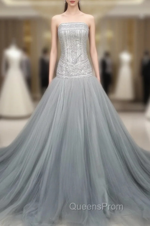 Gray Tulle Beads Long Evening Prom Dress Gray Tulle Evening Graduation Dress Main image