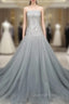 Gray Tulle Beads Long Evening Prom Dress Gray Tulle Evening Graduation Dress