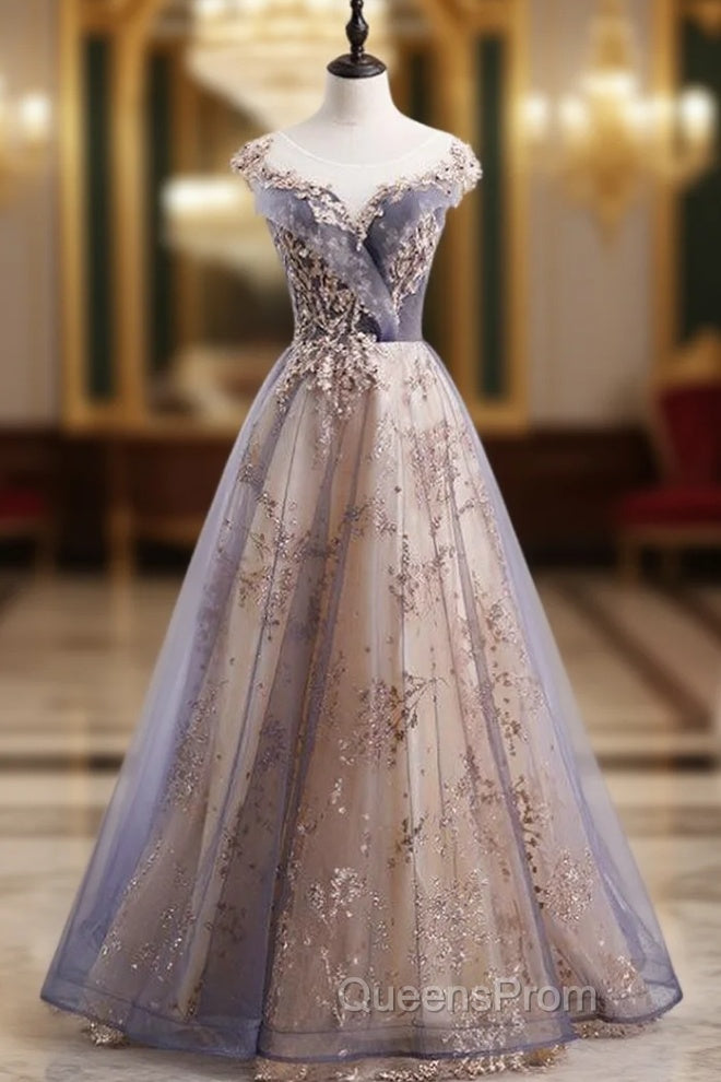 Gray Tulle Cap Sleeve Sequins Beading Long Evening Prom Dress Main image