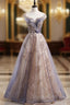 Gray Tulle Cap Sleeve Sequins Beading Long Evening Prom Dress