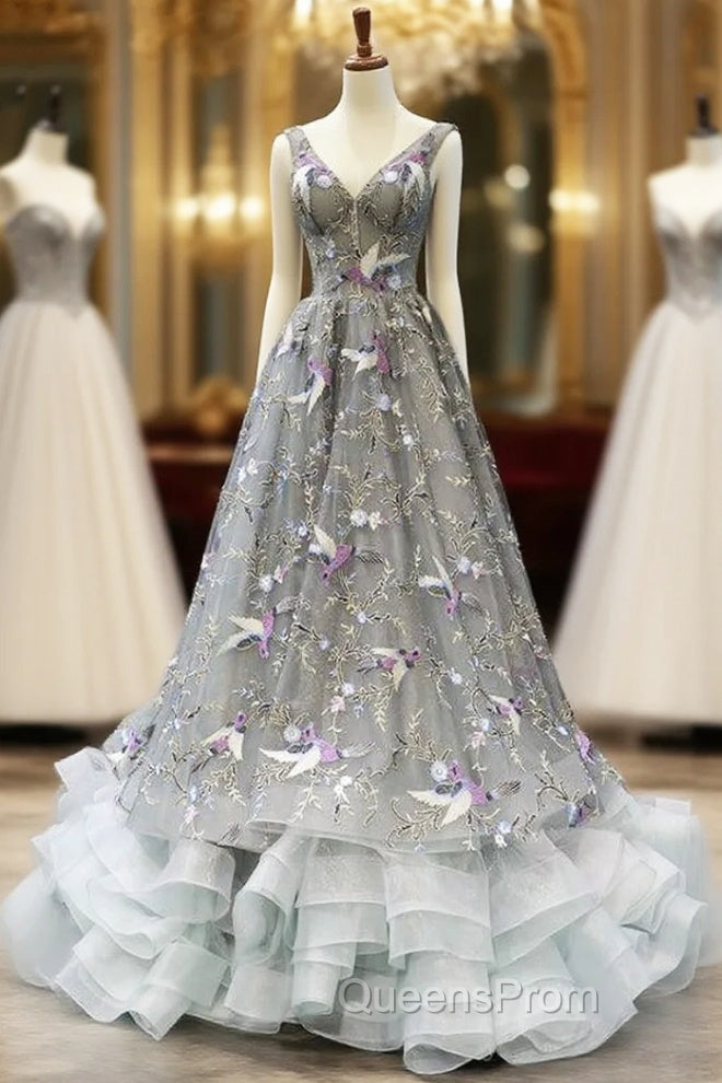 Gray Tulle Embroidery V-neck Backless Corset Evening Prom Dress Main image