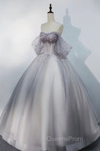Gray Tulle Floor Length Evening Prom Dress, Off the Shoulder Evening Party Dress