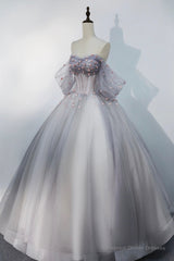 Gray Tulle Floor Length Prom Dress, Off the Shoulder Evening Party Dress