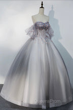 Gray Tulle Floor Length Evening Prom Dress, Off the Shoulder Evening Party Dress