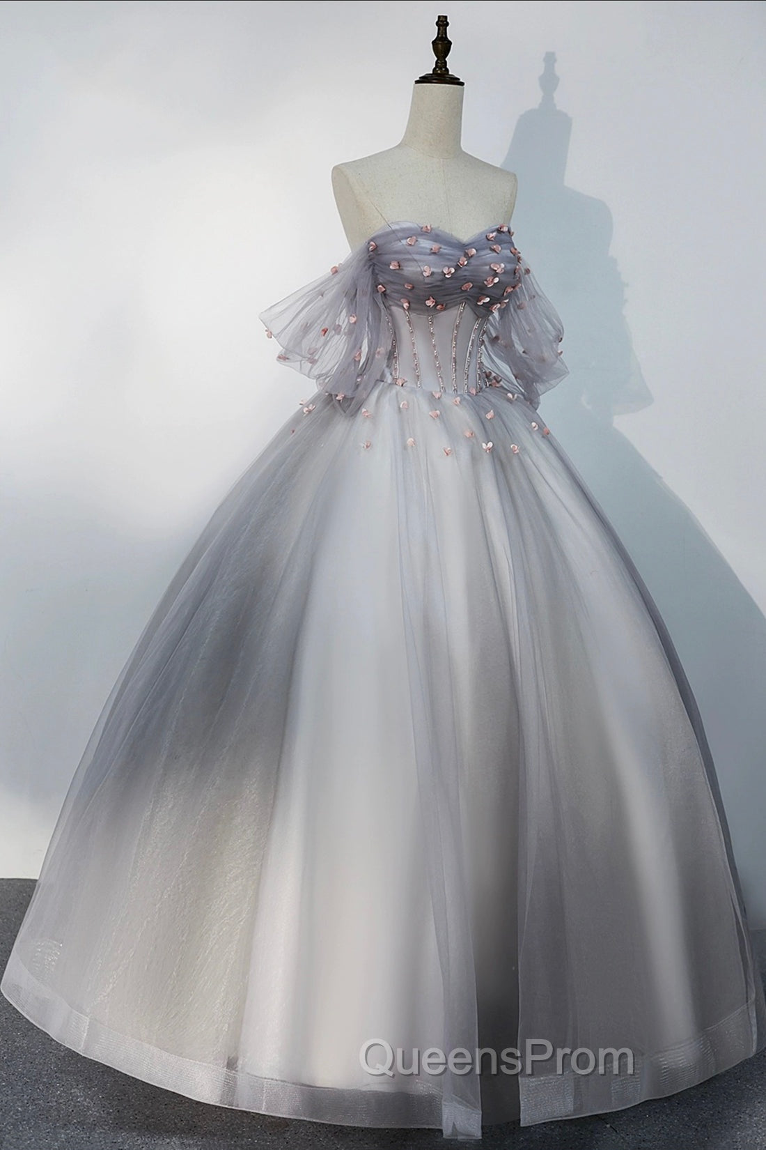 Gray Tulle Floor Length Evening Prom Dress, Off the Shoulder Evening Party Dress