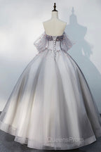 Gray Tulle Floor Length Evening Prom Dress, Off the Shoulder Evening Party Dress