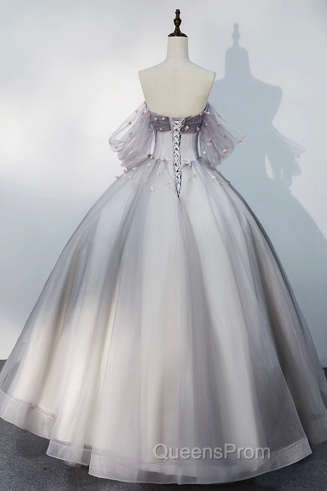 Gray Tulle Floor Length Evening Prom Dress, Off the Shoulder Evening Party Dress