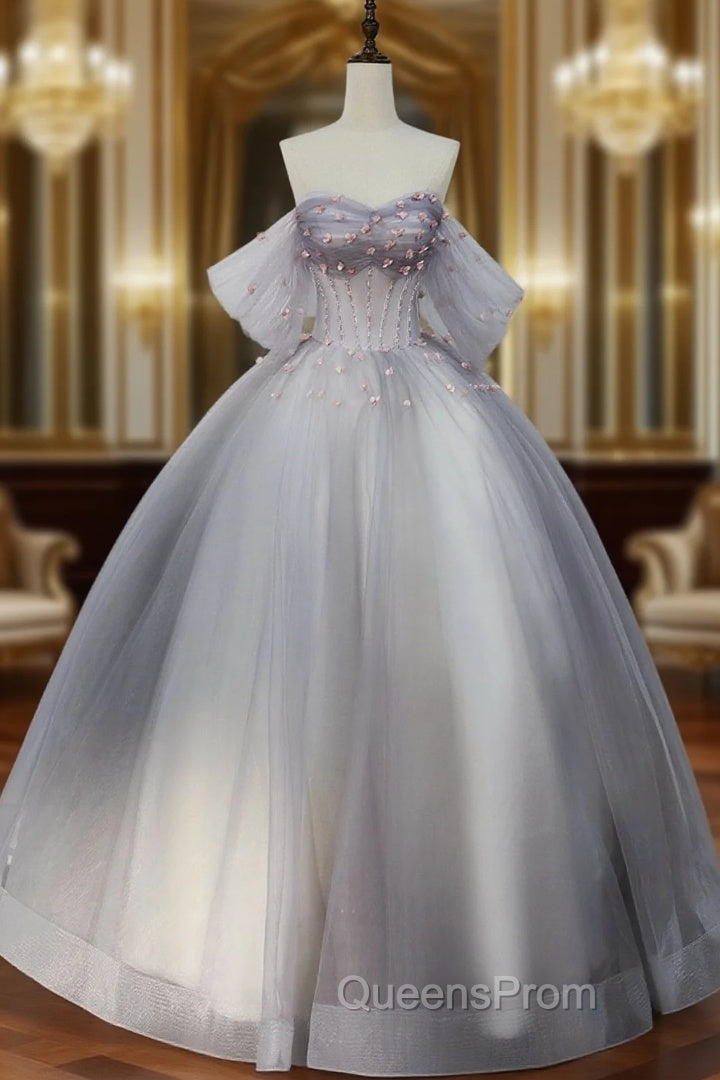 Gray Tulle Floor Length Evening Prom Dress, Off the Shoulder Evening Party Dress