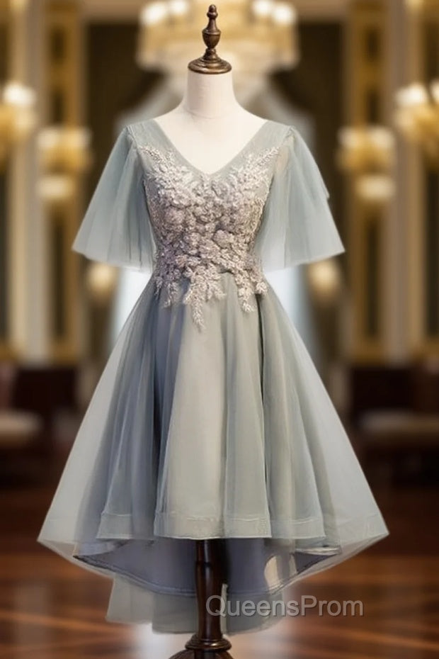 Gray Tulle Hig Lo V-neck Short Sleeve Beading Evening Prom Dress