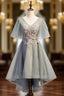 Gray Tulle Hig Lo V-neck Short Sleeve Beading Evening Prom Dress
