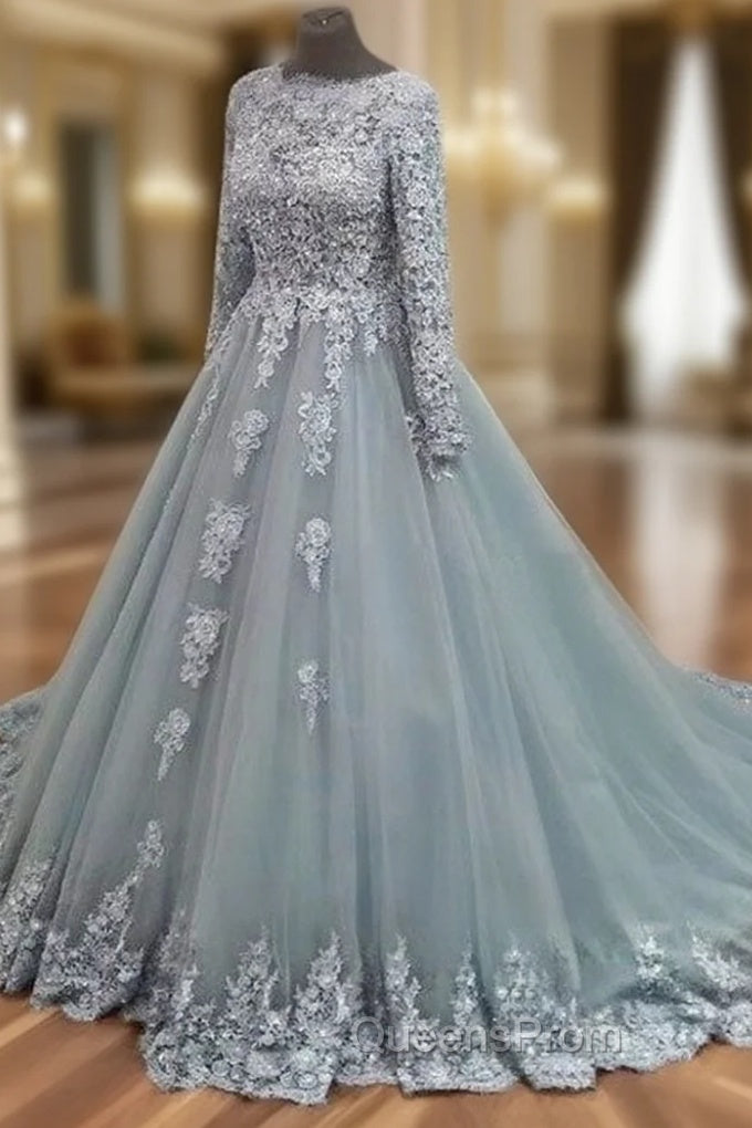 Gray Tulle Lace Applique Long Evening Prom Dress, Gray Evening Dress