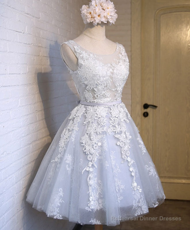 Gray Tulle Lace Applique Short Prom Dress, Gray Homecoming Dresses
