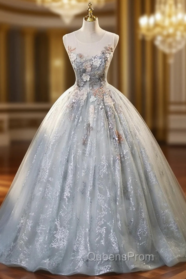 Gray Tulle Lace Appliques Quinceanera Dress